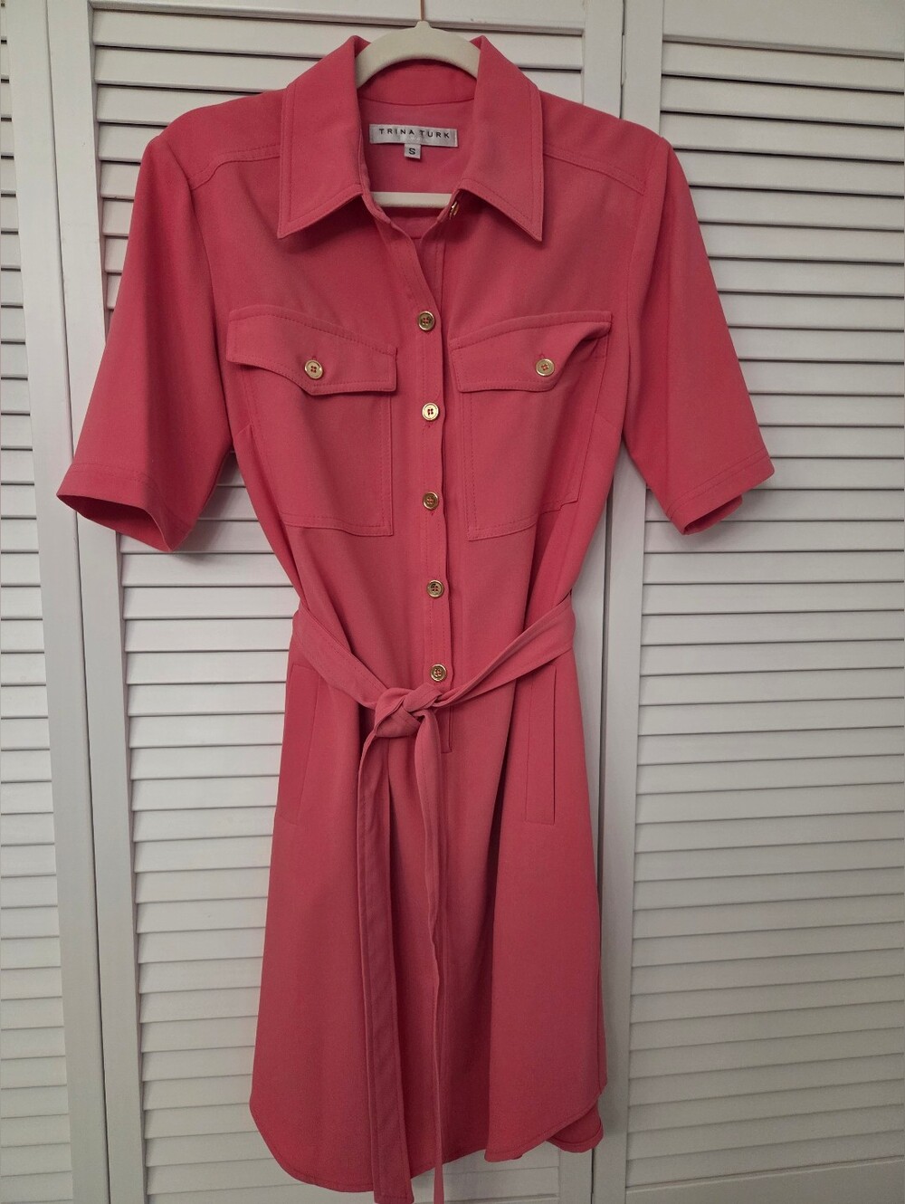 Trina Turk Bright Pink Button Front Shirt Dress with Tie